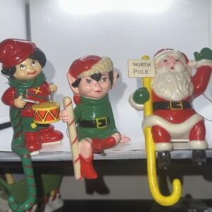 3  Vintage~Christmas Stocking Holders~Hangers Santa Elf And Drummer Boy Ornament